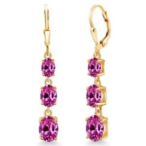 18K Yellow Gold with 6.10 Cttw 3 Stone Pink Sapphire Leverback Drop Earrings